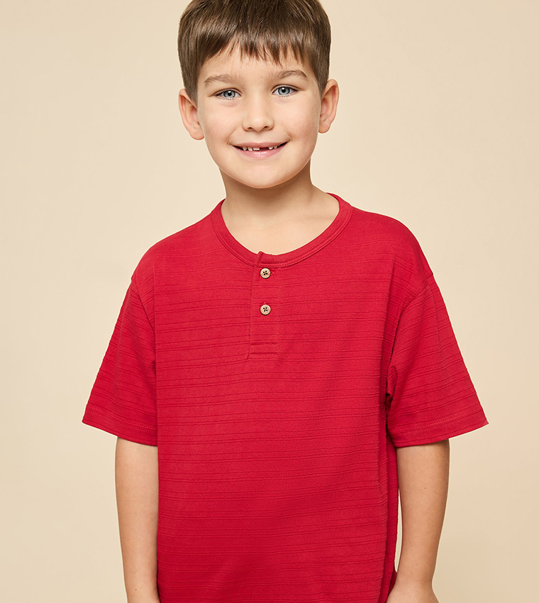 Textured T-Shirt with Henley Neck and Short Sleeves