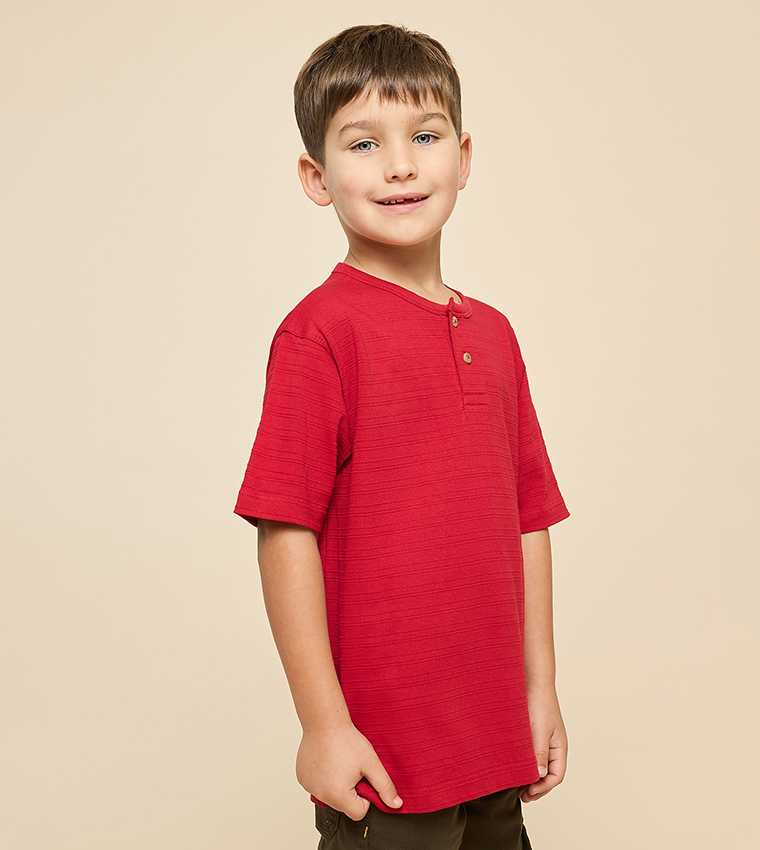 Textured T-Shirt with Henley Neck and Short Sleeves