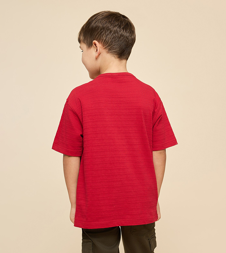 Textured T-Shirt with Henley Neck and Short Sleeves