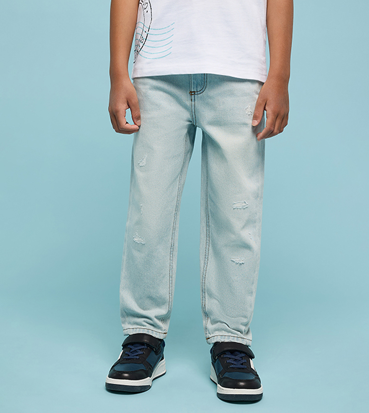 Washed Straight Fit Jeans with Button Closure