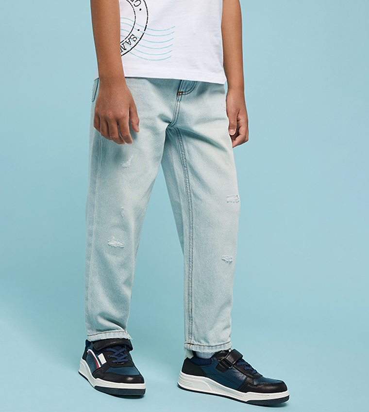 Washed Straight Fit Jeans with Button Closure