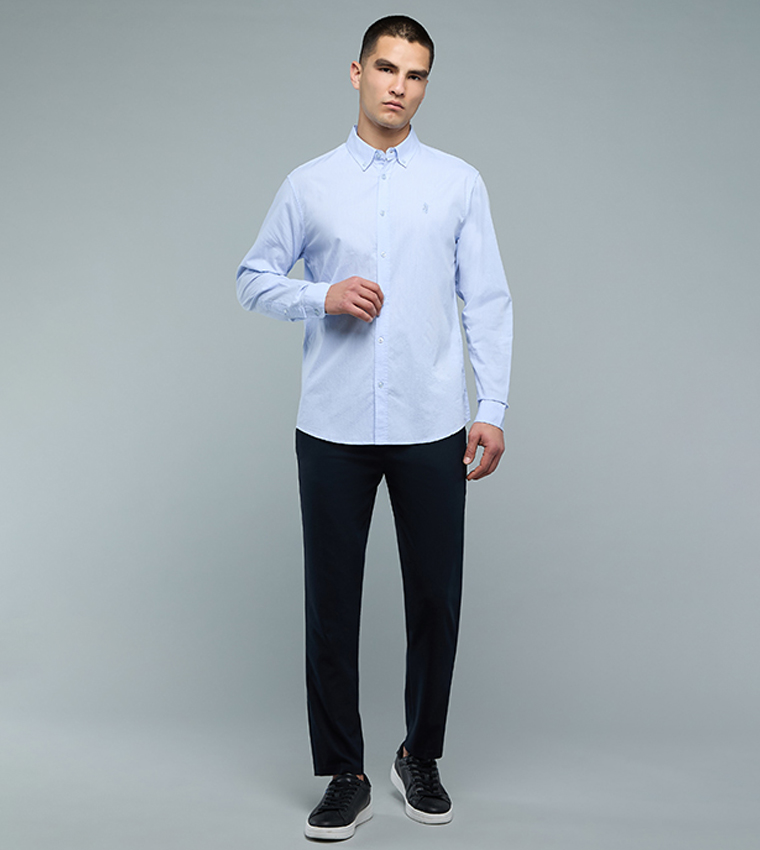 Solid Shirt with Button-Down Collar and Long Sleeves