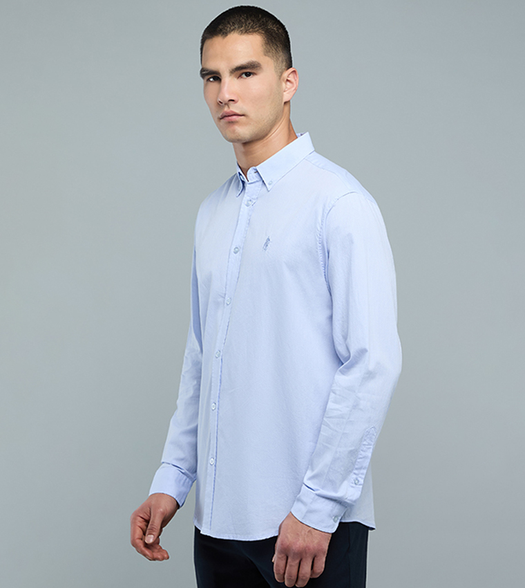 Solid Shirt with Button-Down Collar and Long Sleeves