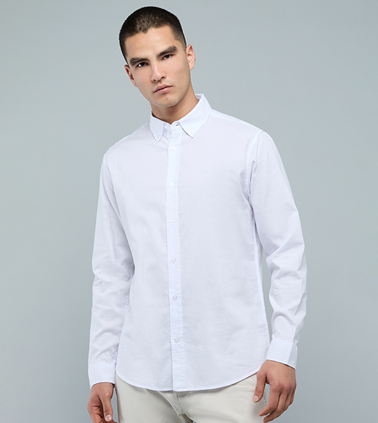 Solid Shirt with Button-Down Collar and Long Sleeves