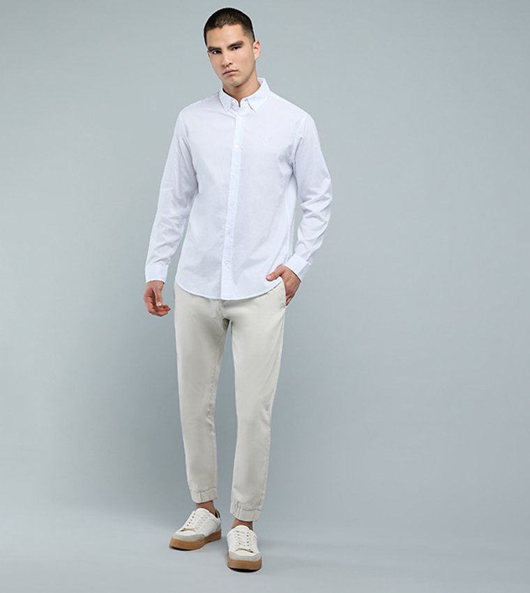 Solid Shirt with Button-Down Collar and Long Sleeves