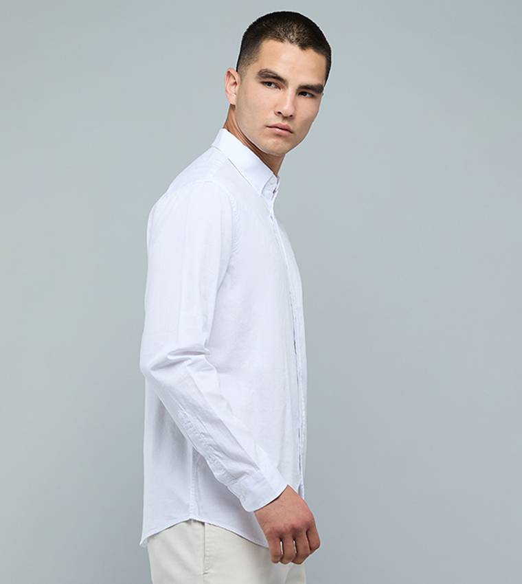 Solid Shirt with Button-Down Collar and Long Sleeves
