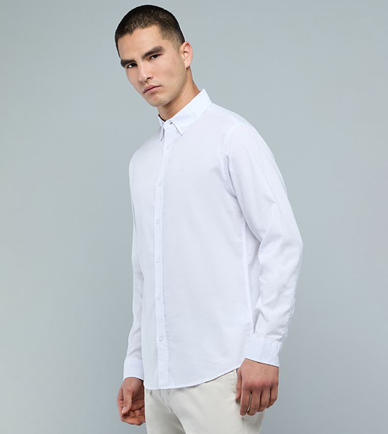 Solid Shirt with Button-Down Collar and Long Sleeves
