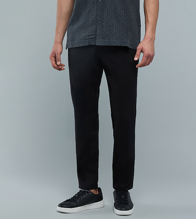 Solid Slim Fit Pants with Button Closure