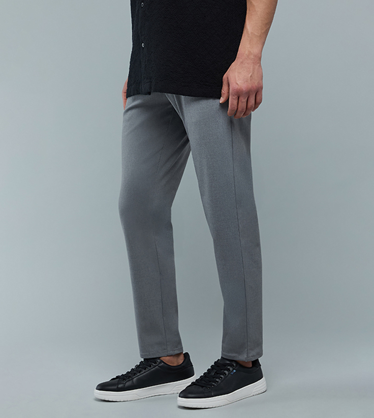 Solid Slim Fit Pants with Button Closure