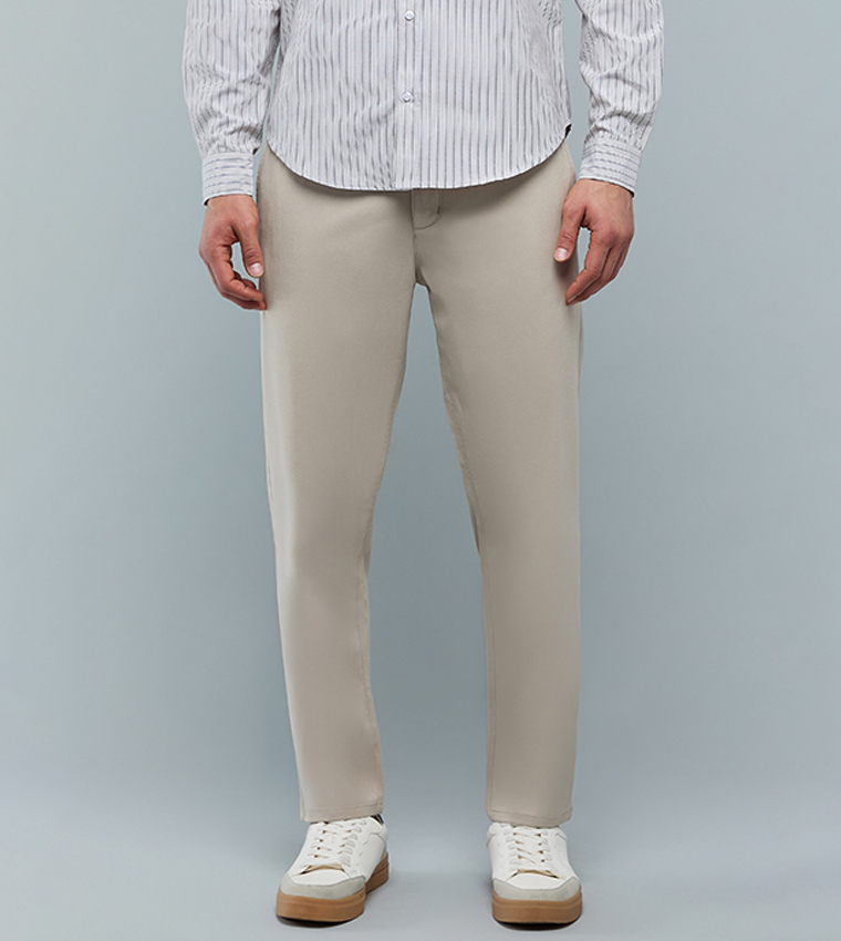Solid Slim Fit Pants with Button Closure