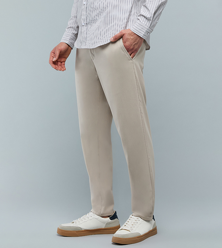 Solid Slim Fit Pants with Button Closure