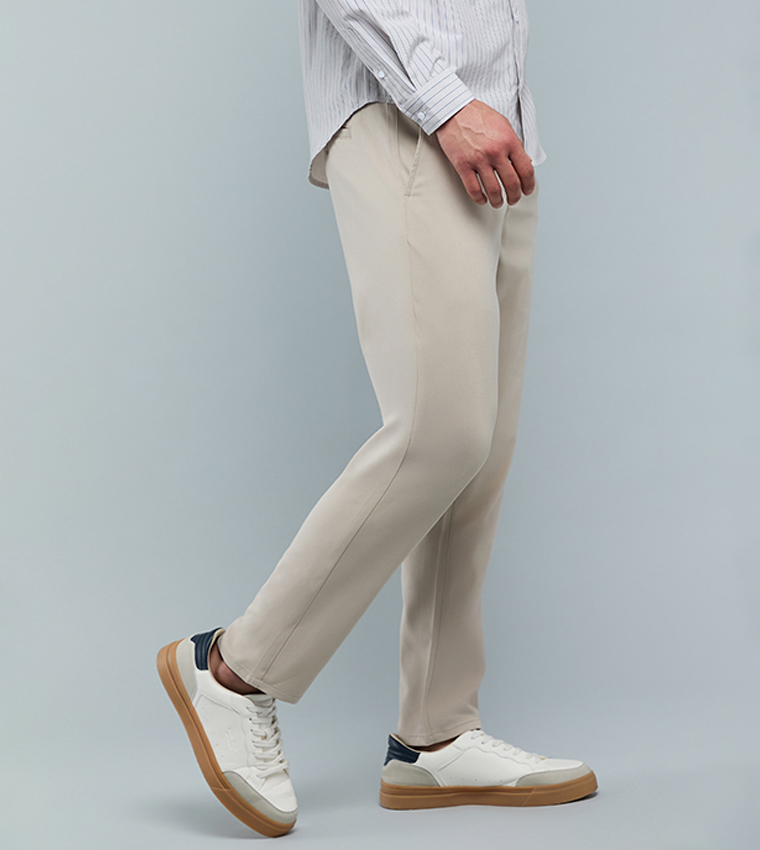 Solid Slim Fit Pants with Button Closure