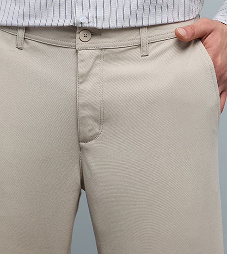 Solid Slim Fit Pants with Button Closure