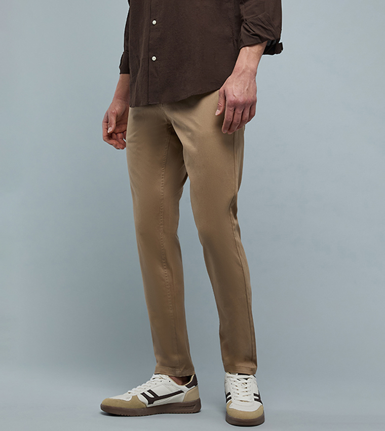 Solid Slim Fit Pants with Button Closure
