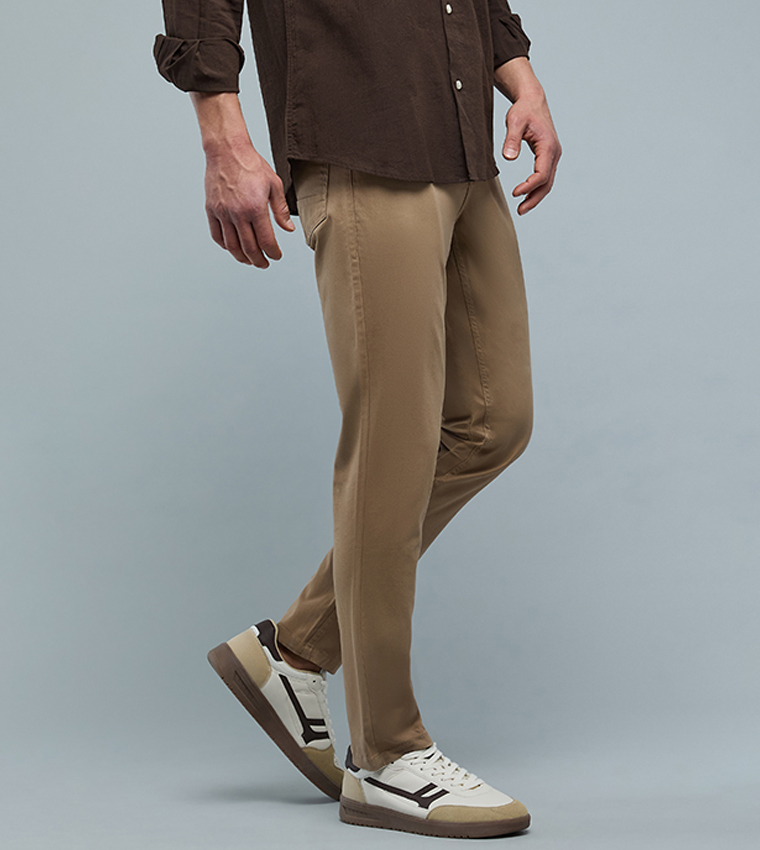 Solid Slim Fit Pants with Button Closure