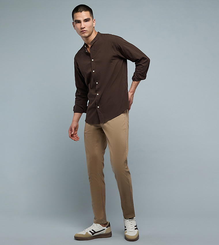 Solid Slim Fit Pants with Button Closure