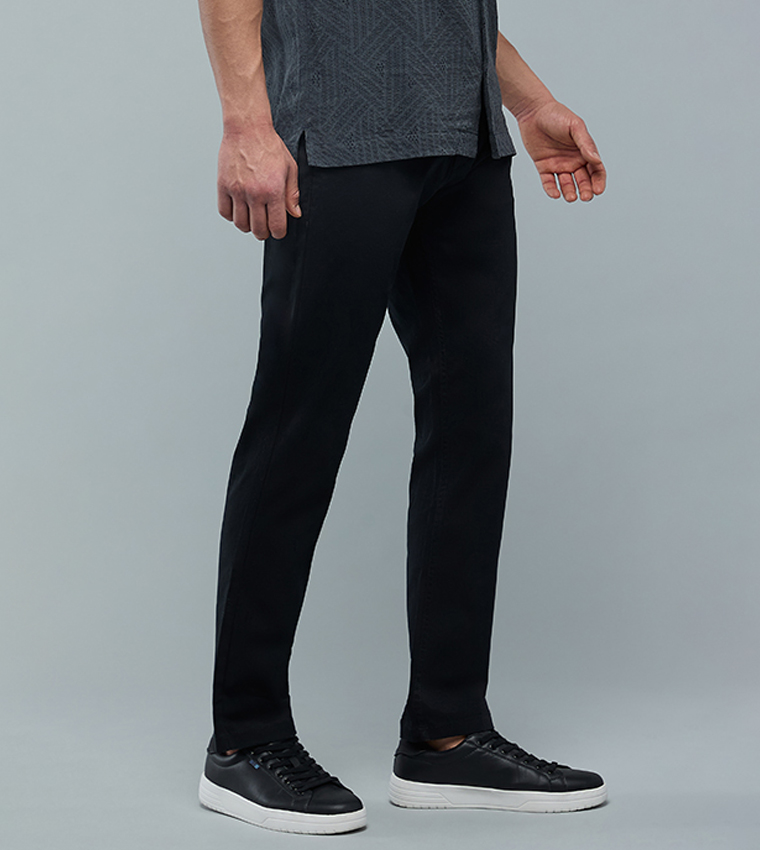 Solid Slim Fit Pants with Button Closure
