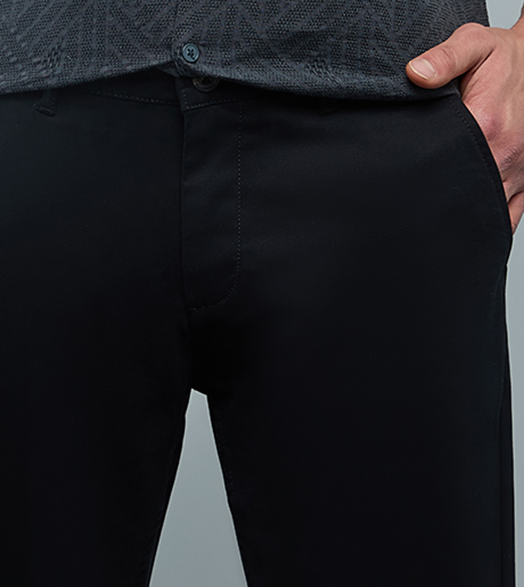 Solid Slim Fit Pants with Button Closure