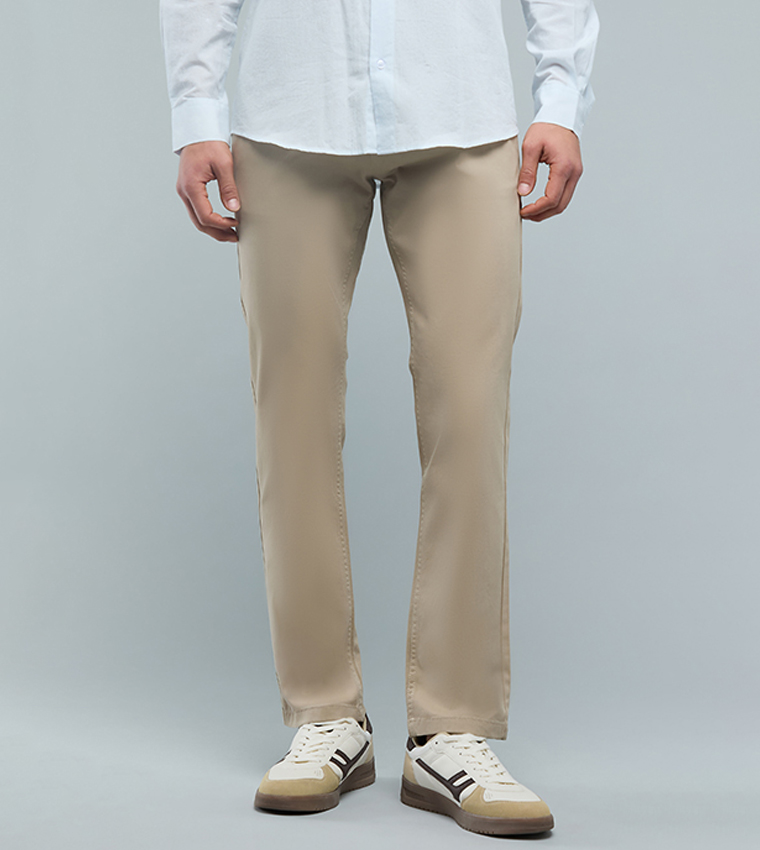 Solid Slim Fit Pants with Button Closure