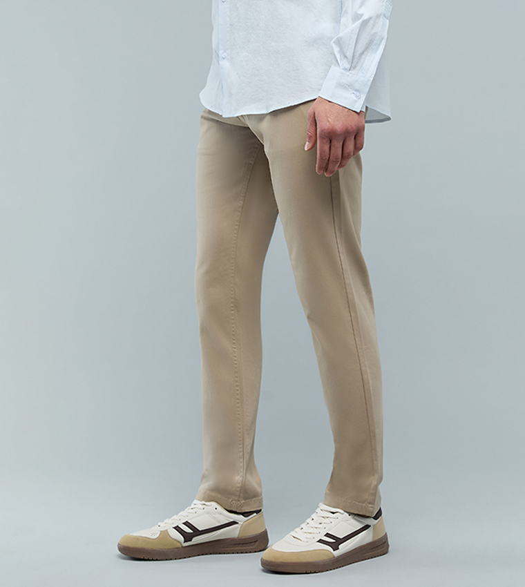Solid Slim Fit Pants with Button Closure