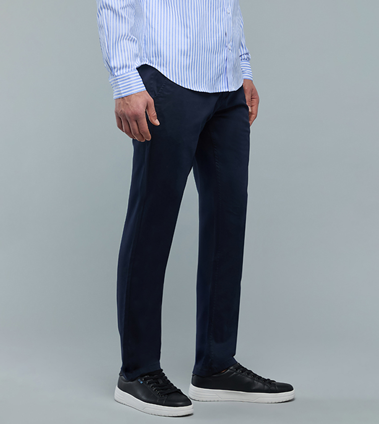 Solid Slim Fit Pants with Button Closure
