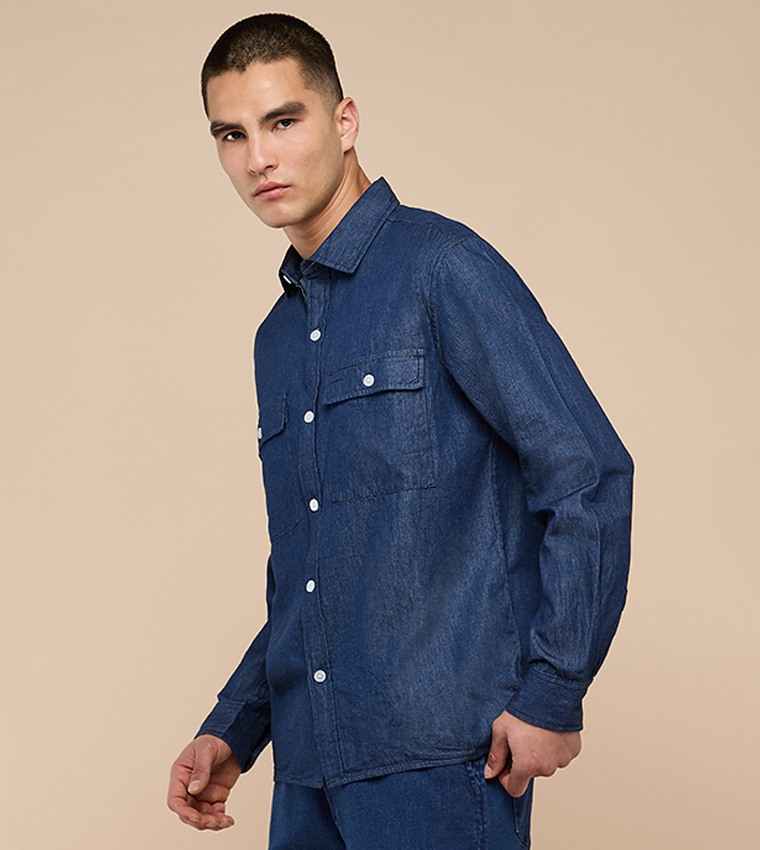 قميص دنيم مغسول كم طويل