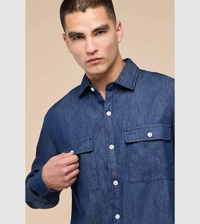 قميص دنيم مغسول كم طويل