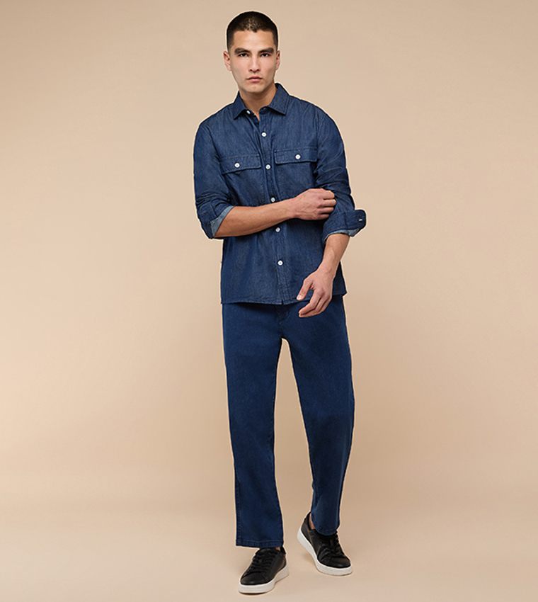 قميص دنيم مغسول كم طويل