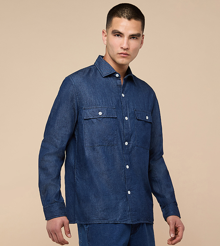 قميص دنيم مغسول كم طويل