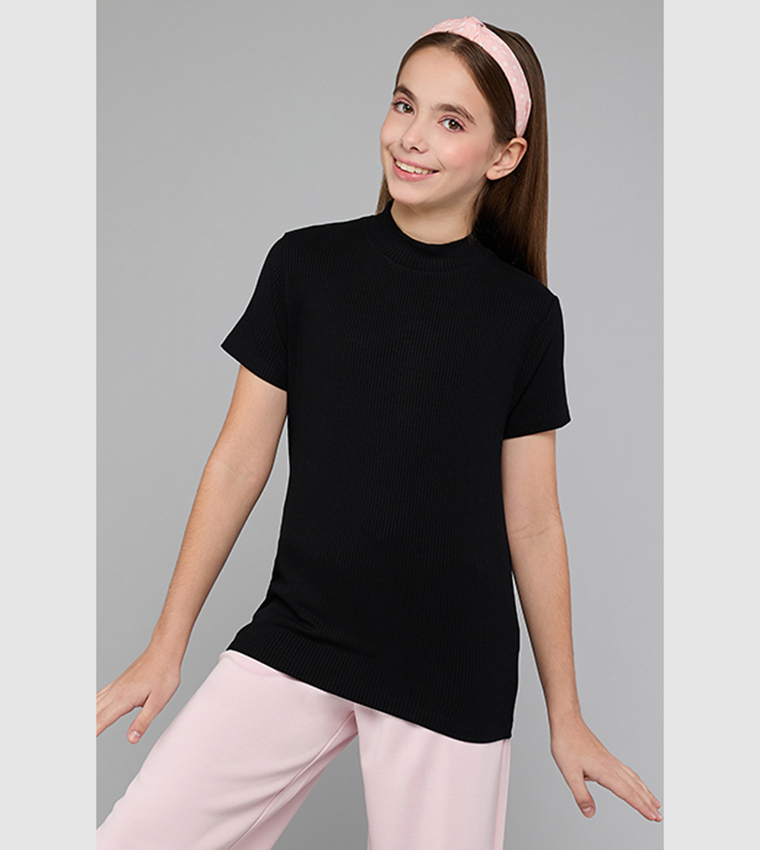 Ribbed Top with High Neck and Short Sleeves