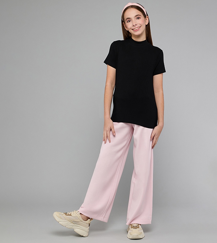 Ribbed Top with High Neck and Short Sleeves