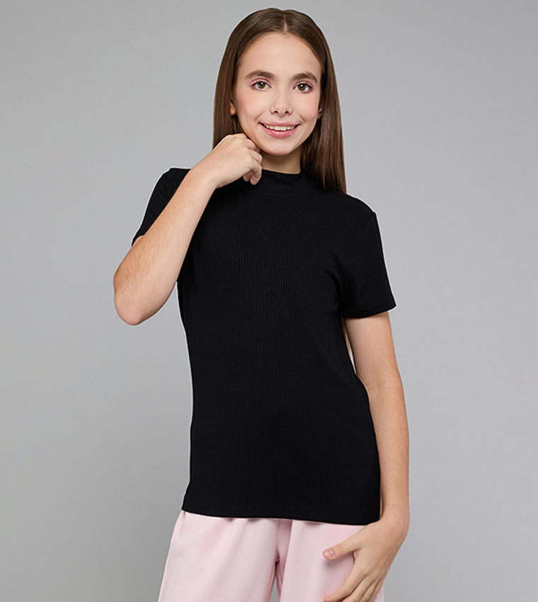 Ribbed Top with High Neck and Short Sleeves