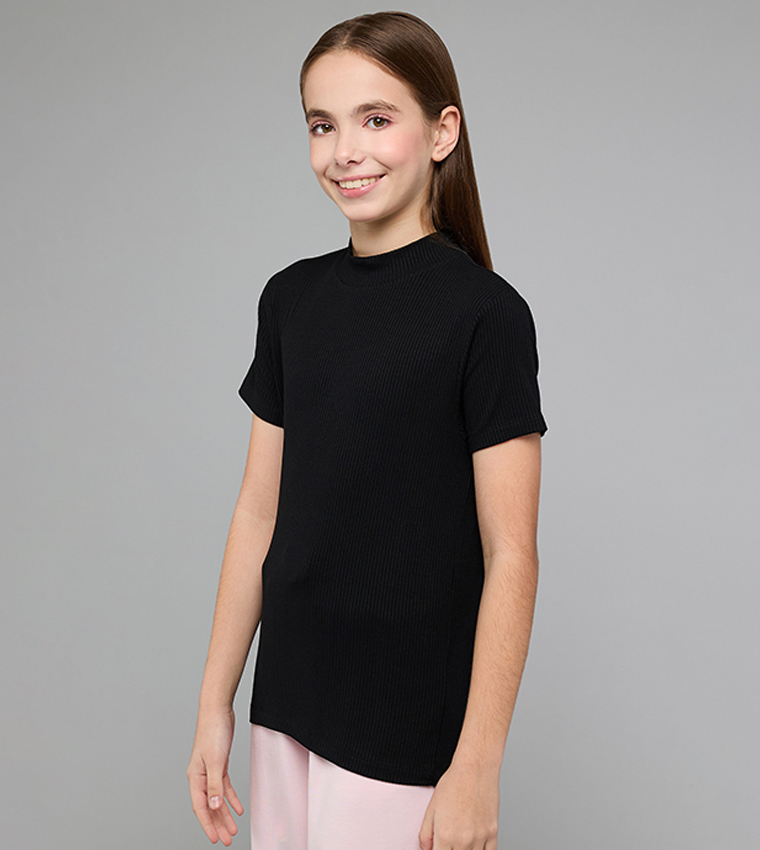 Ribbed Top with High Neck and Short Sleeves