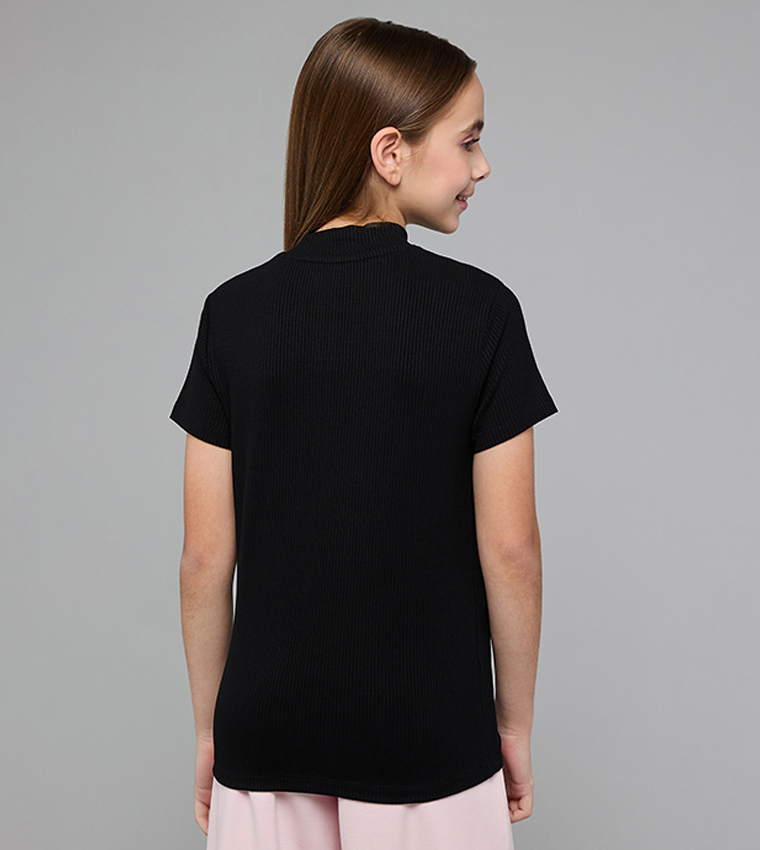 Ribbed Top with High Neck and Short Sleeves