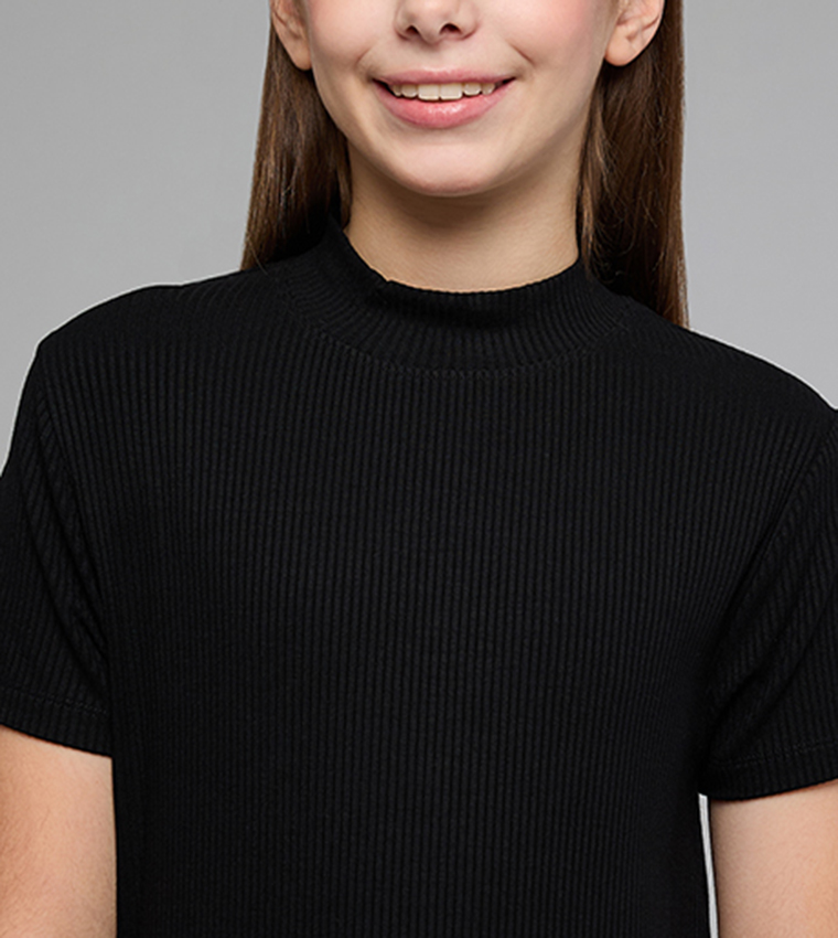 Ribbed Top with High Neck and Short Sleeves