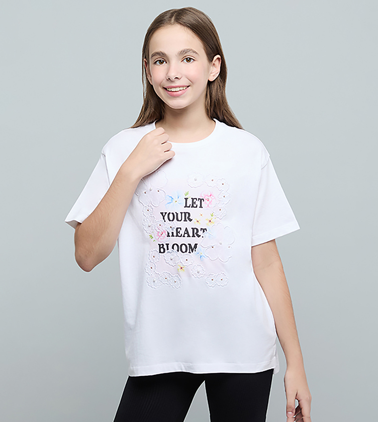 Typography Print T-Shirt with Crew Neck and Short Sleeves