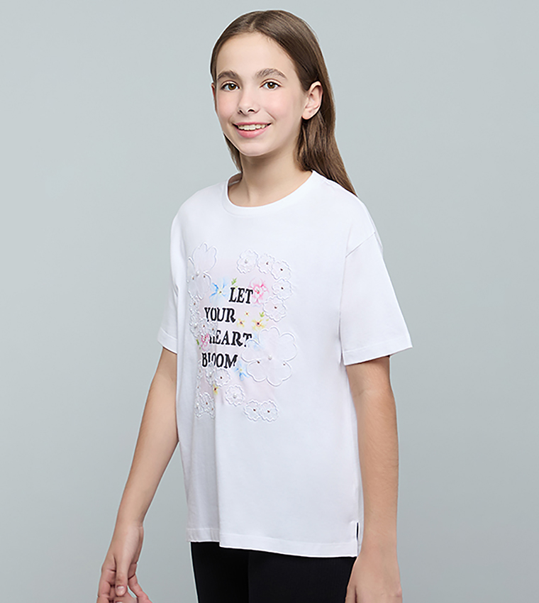 Typography Print T-Shirt with Crew Neck and Short Sleeves