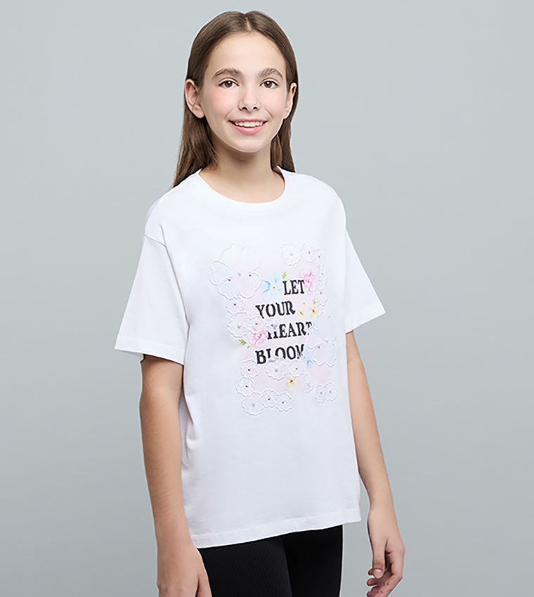 Typography Print T-Shirt with Crew Neck and Short Sleeves