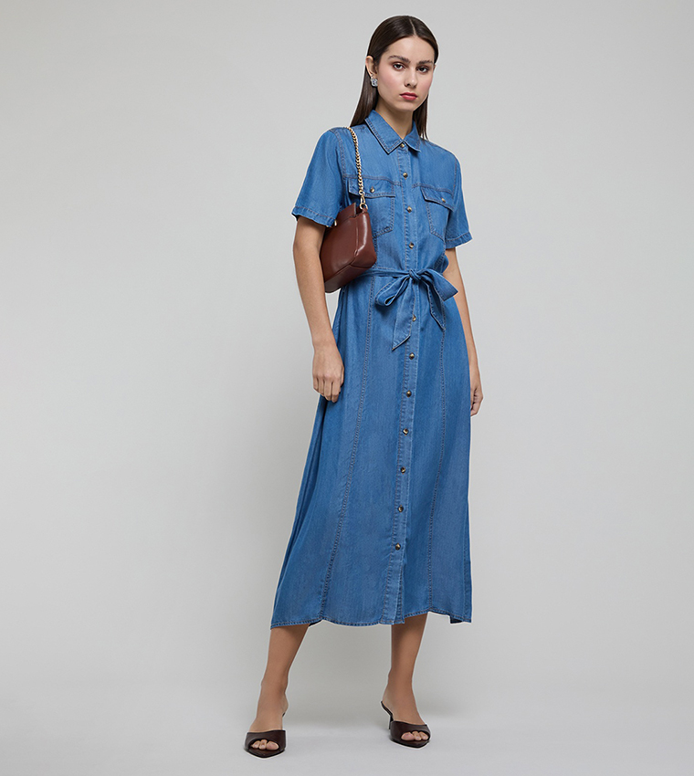 Washed Shirt Dress with Short Sleeves