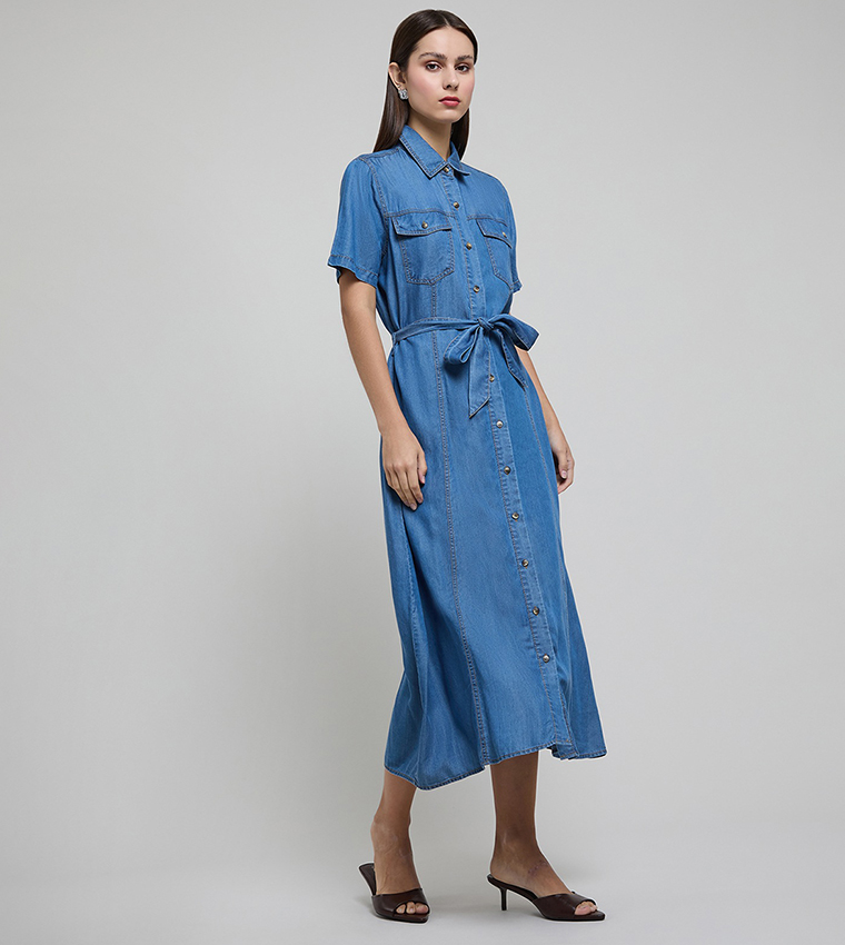 Washed Shirt Dress with Short Sleeves