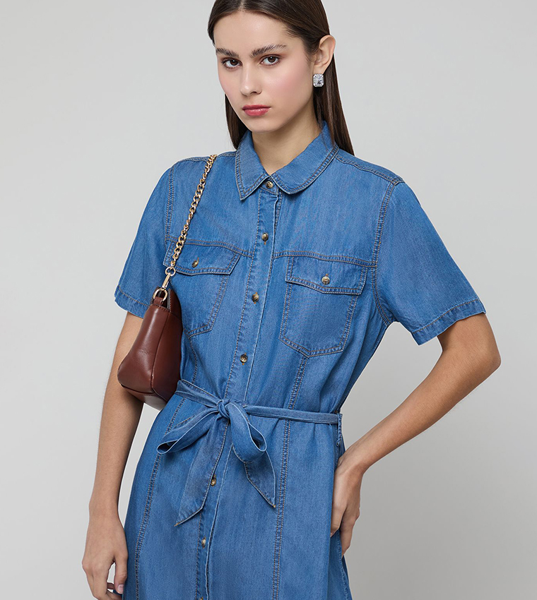 Washed Shirt Dress with Short Sleeves