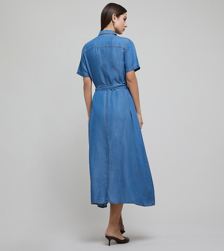 Washed Shirt Dress with Short Sleeves