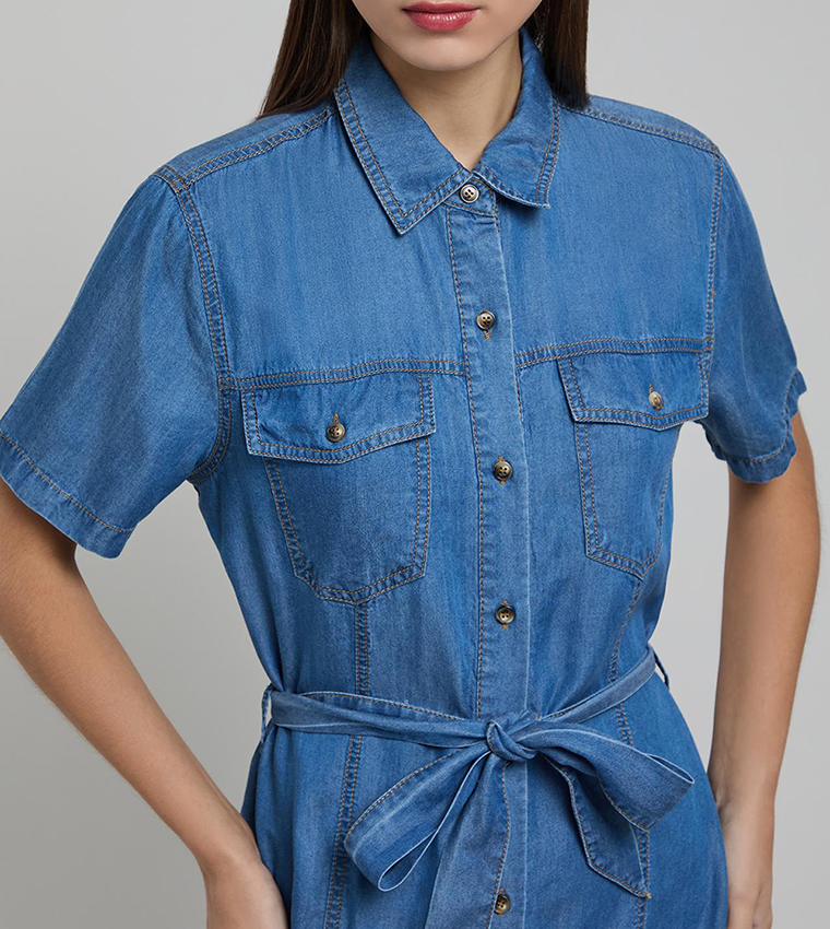 Washed Shirt Dress with Short Sleeves