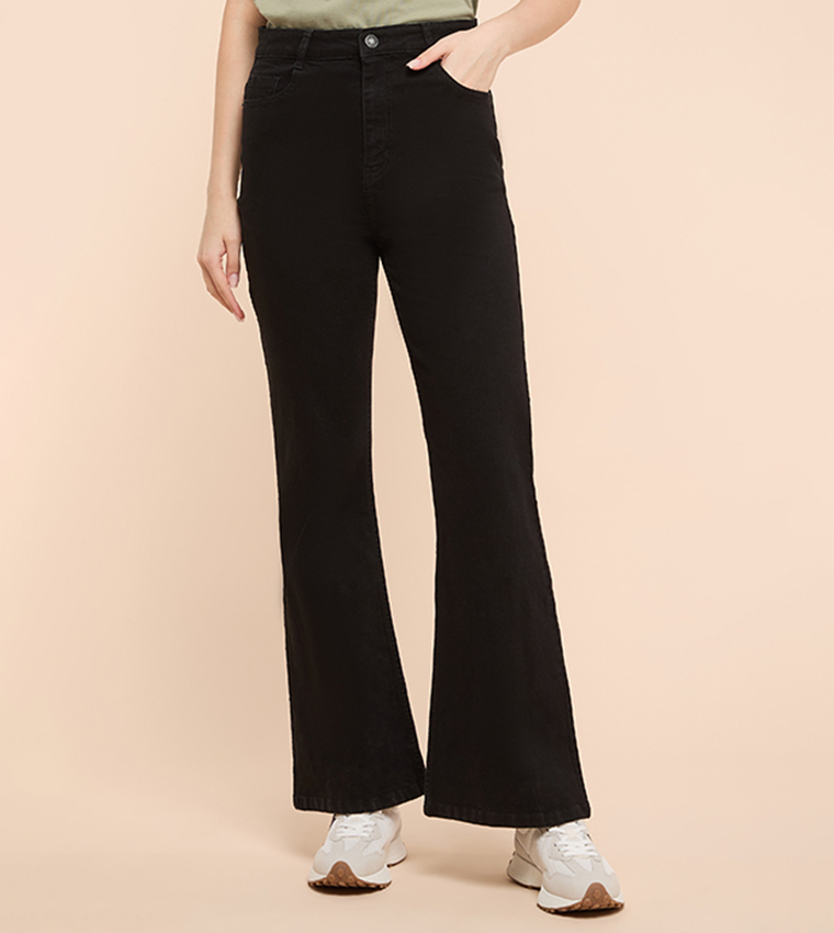 Solid Flared Jeans with Button Closure