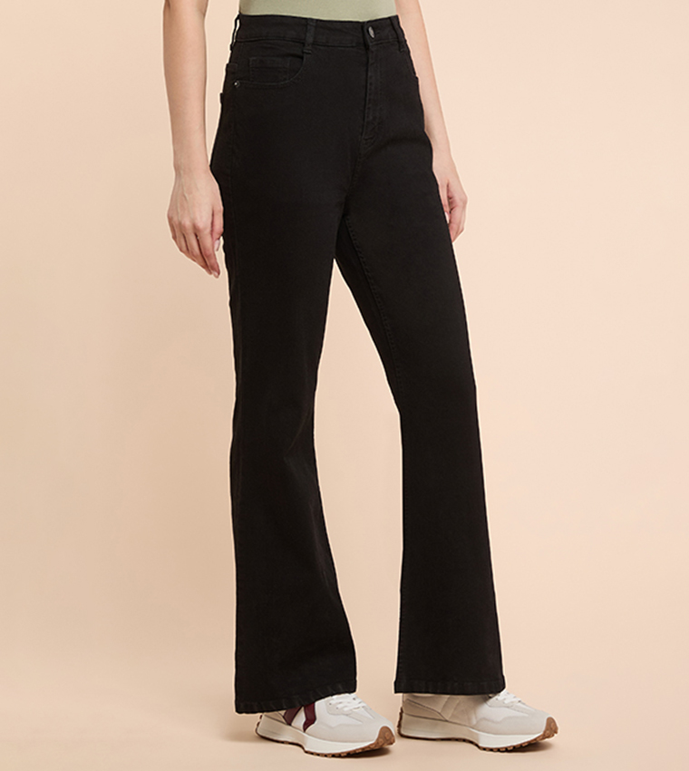 Solid Flared Jeans with Button Closure