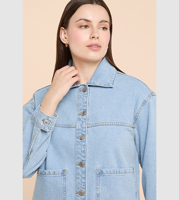 Washed Denim Jacket with Button Closure