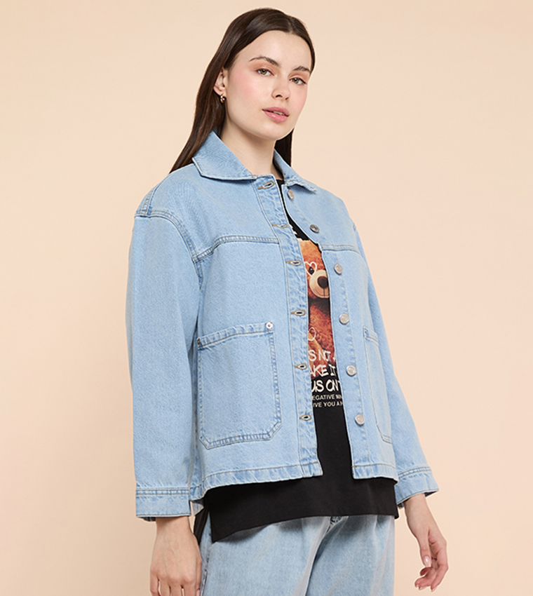 Washed Denim Jacket with Button Closure