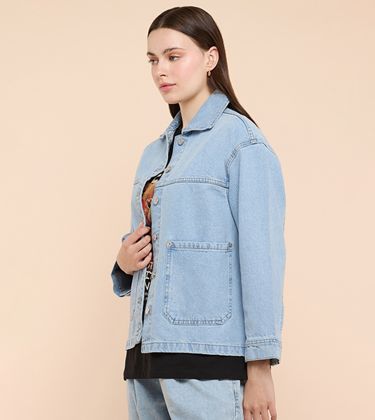 Washed Denim Jacket with Button Closure