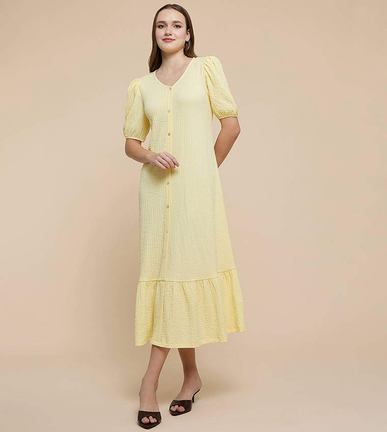 Printed A-Line Dress with V-Neck and Puff Sleeves