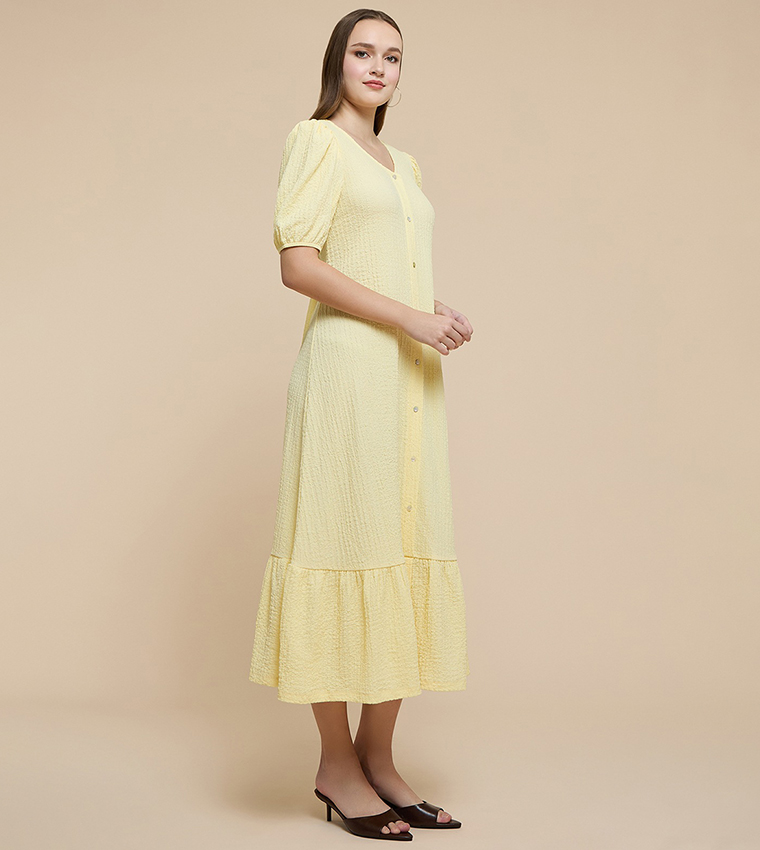 Printed A-Line Dress with V-Neck and Puff Sleeves